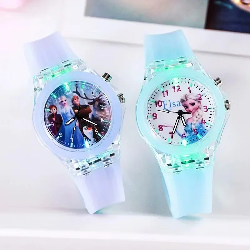 Disney Frozen Watch Princess Aisha Children's Luminous Watch Student Silicone Colorful Lights Watch Gifts for Girls Kids Watches