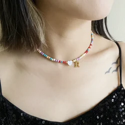 Colorful DIY Handmade Beaded Choker Necklace for Women Stainless Steel Tiny Initial Letter with Cute Heart Pendant Boho Jewelry