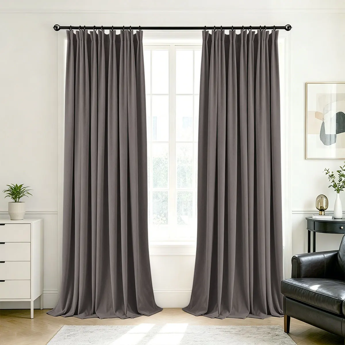 Dark Grey Velvet Blackout Curtains 2‑Pack, Pinch Pleat Hook Top Drapes for Bedroom Living Room Home Decor