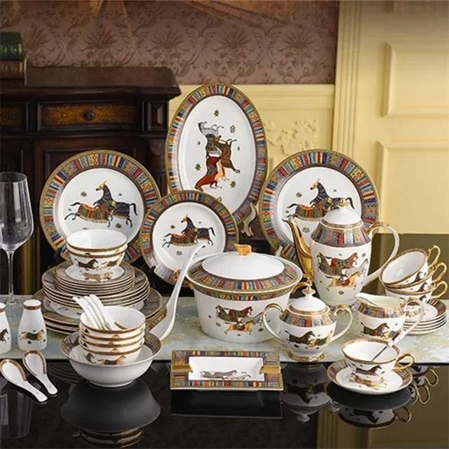 Dinner Sets Dinnerware Sets Kitchen Accessories Exquisite Ceramic Four War Horses Porcelain Good Selling 58 Pcs