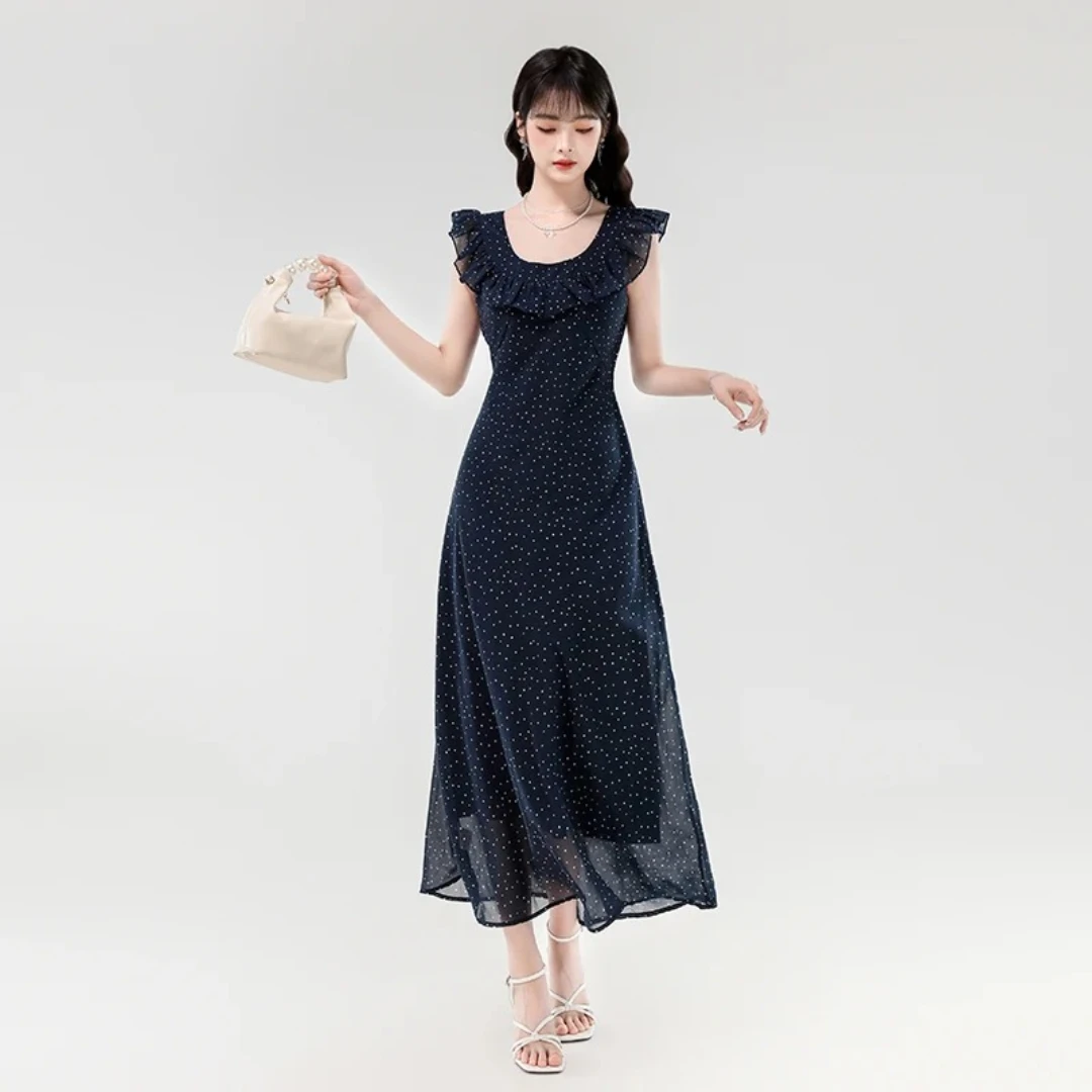 Robes longues froncées en mousseline de soie, motif décontracté personnalisé, ligne a, col rond, robes d'occasion sur mesure, tailles exquises disponibles assorties