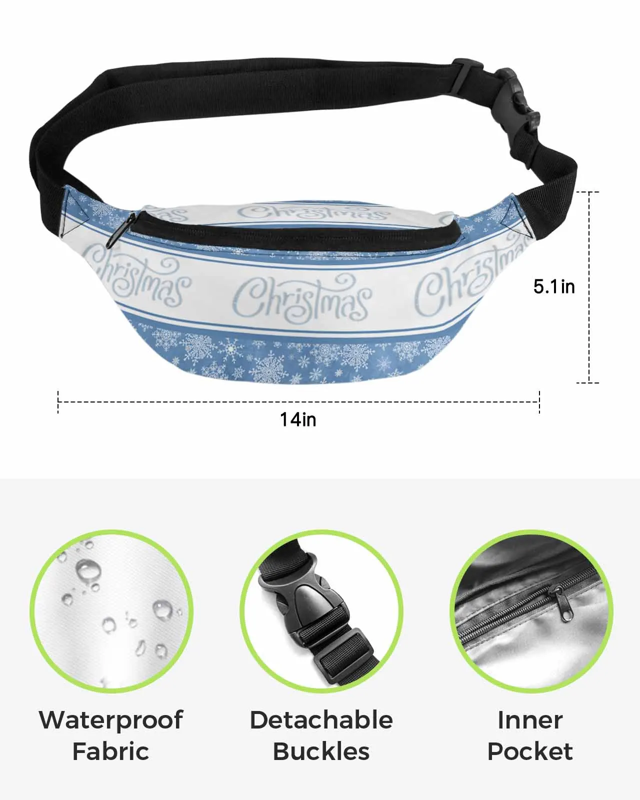 Christmas Letter Snowflakes  Men Women Waist Bag Fanny Pack Phone Belt Bag Wallet Pouch Waterproof Banana Hip Bags