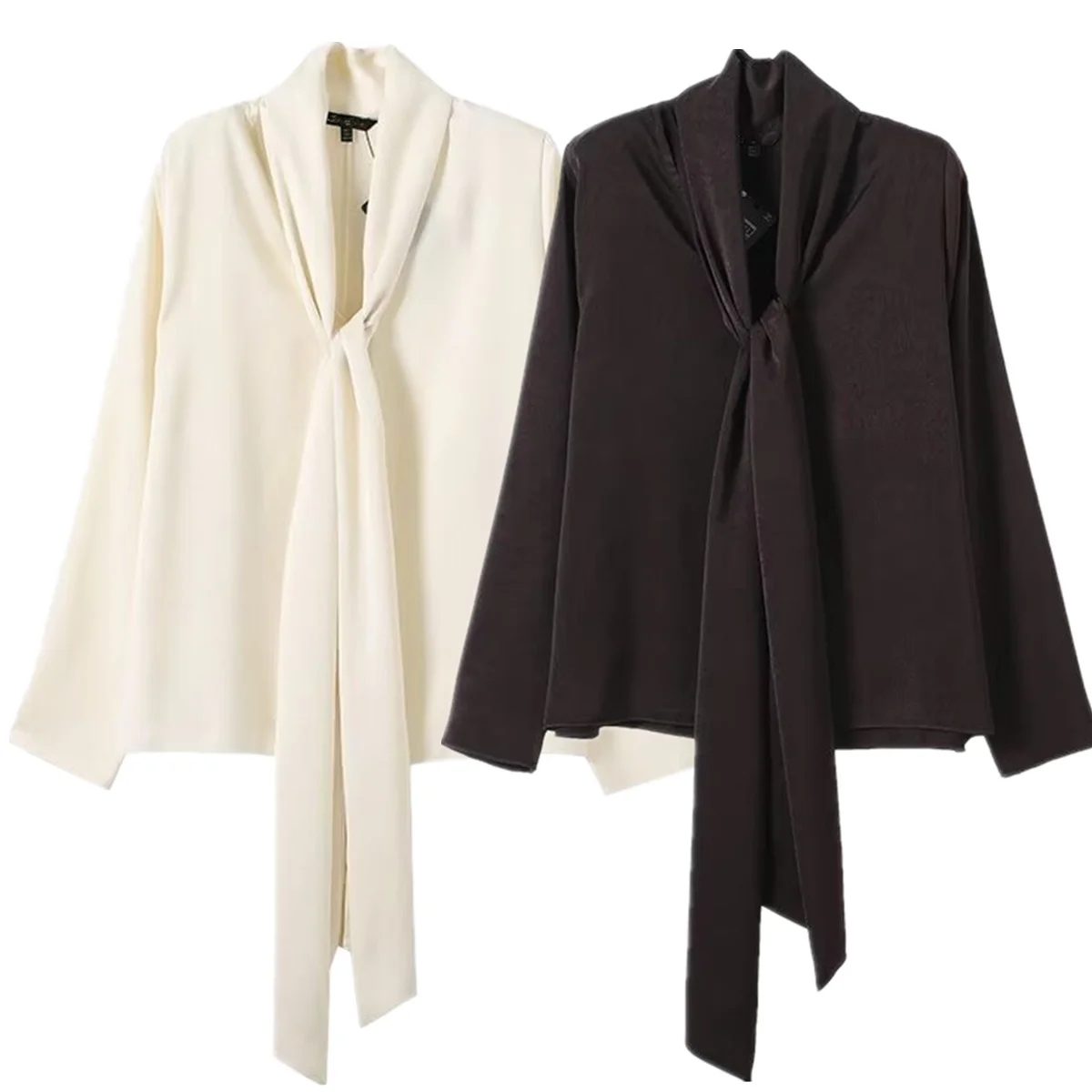 Maxdutti Shirts & Blouses Women's Clothes French Elegant Satin Scarf Collar Shirt Autumn Tops Casual Shirt Autumn Blouse