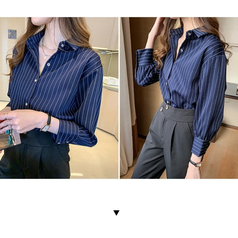 Camicia a righe da donna primavera estate vintage chic allentata manica lunga top da ufficio moda donna casual camicetta con colletto rovesciato