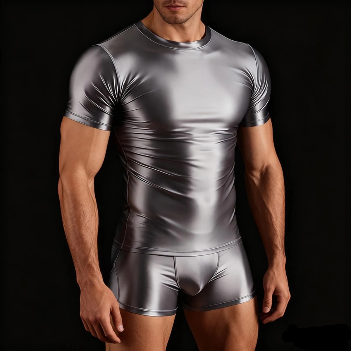 

Men Oily Glossy Spandex High Stretch Sporty Tracksuits Fitness Breathable Quickdry Gym Tops T-shirt Shorts Pants Activewear Sets
