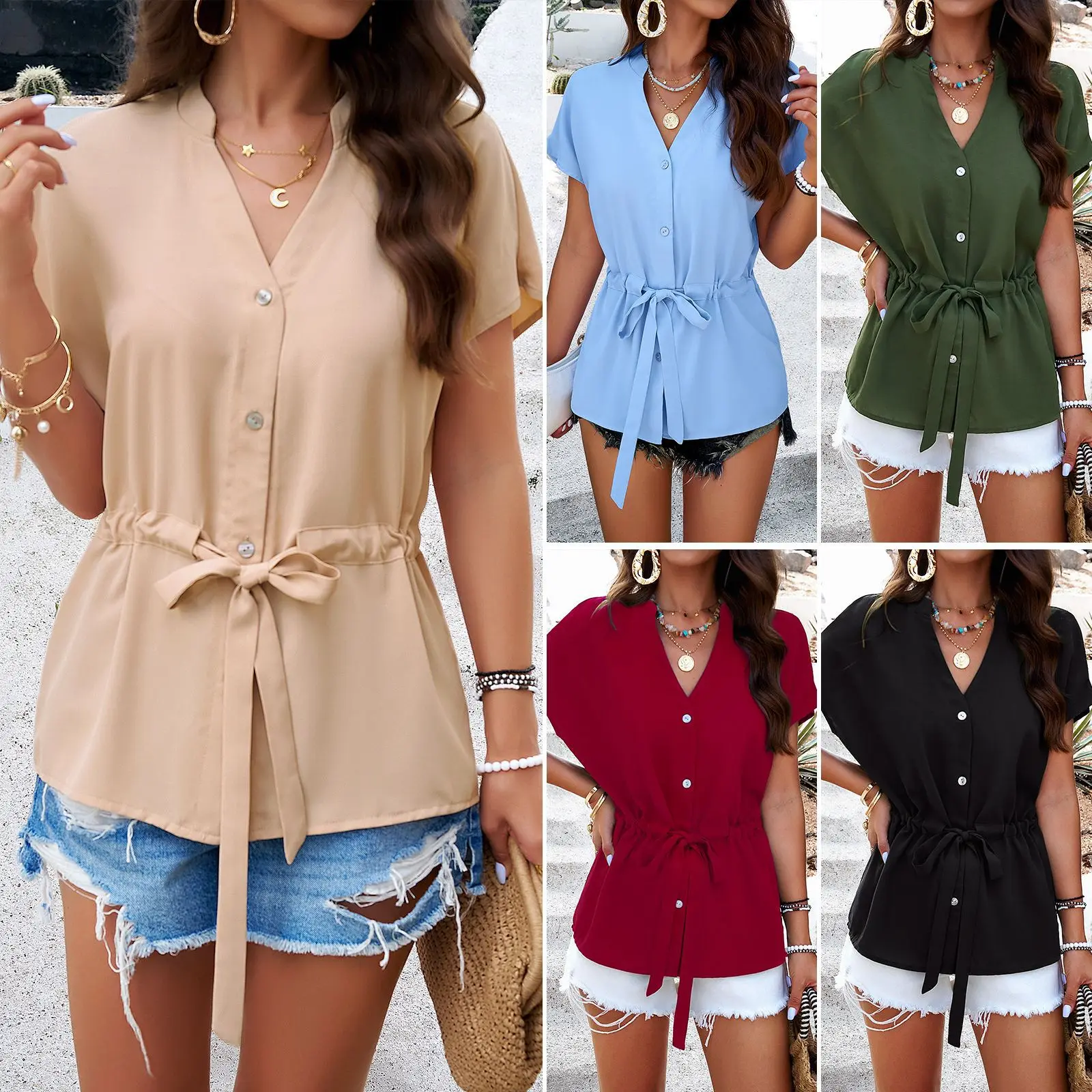 2025 Summer Women's T-shirt Female Drawstring Small-waisted Short Sleeve Tops Lady's V-neck Button Shirt Women's Clothing