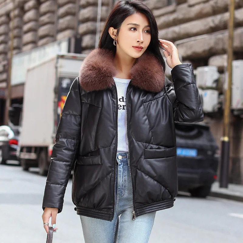 

Winter New Leather Down Coat Outdoor Swat Labor Cycling Riding Hunting Women's Short Sheep Skin Fox Fur Collar Small Tops Jacket