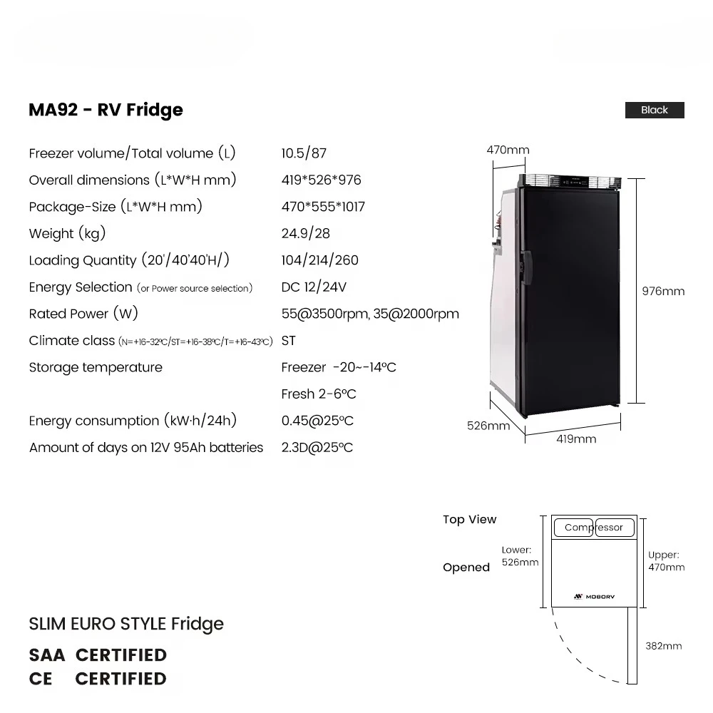 Van Conversion Motorhome 12V DC Slim Compressor Silent Energy Efficiency SAA CE Certified Refrigerator MA92 for RV