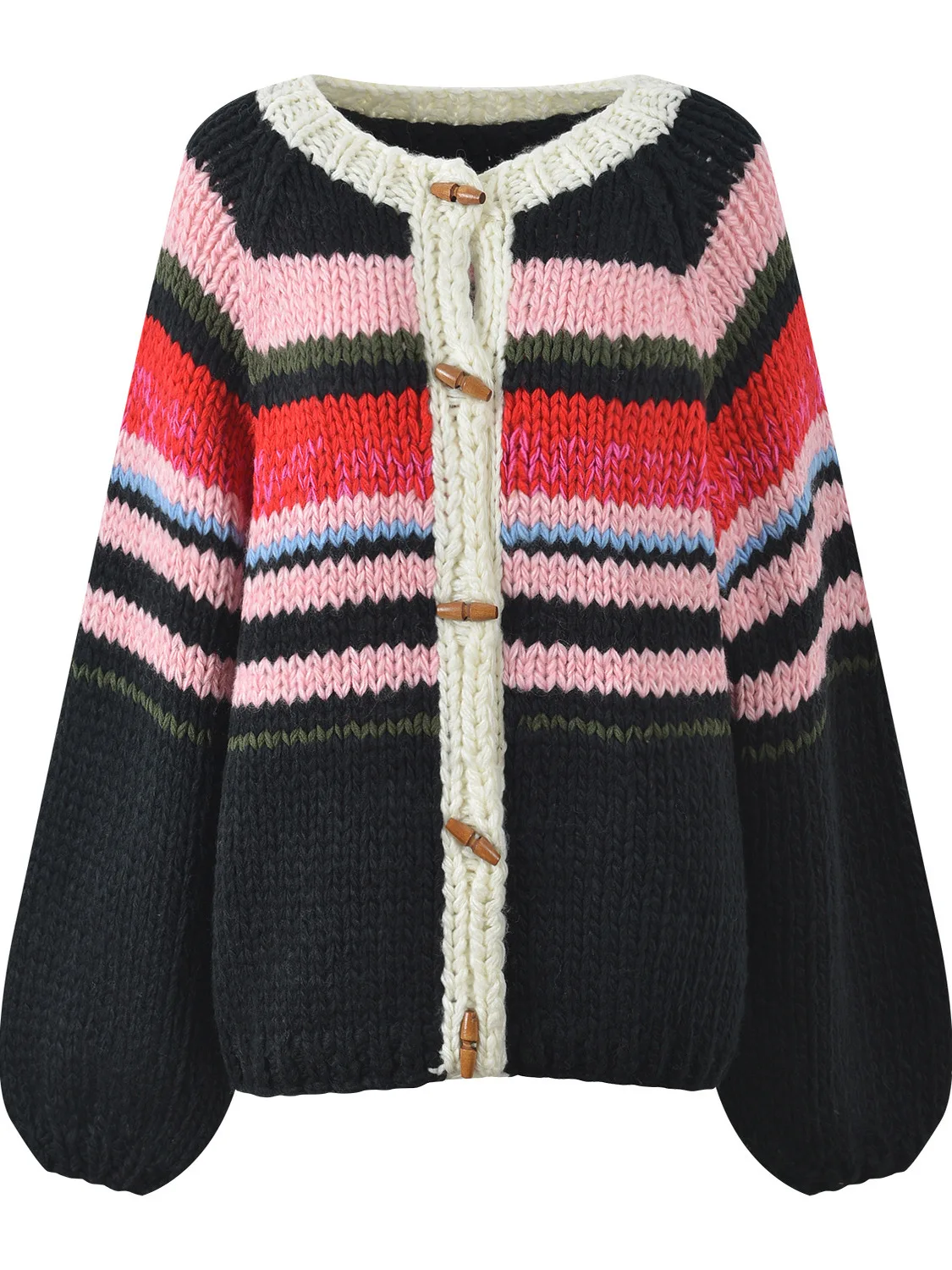 

Faionable Striped Knitted Open Cardigan Coat with Horn Buttons Loose Fit Versatile Soft Long Sve Women's Autumn Winter N...