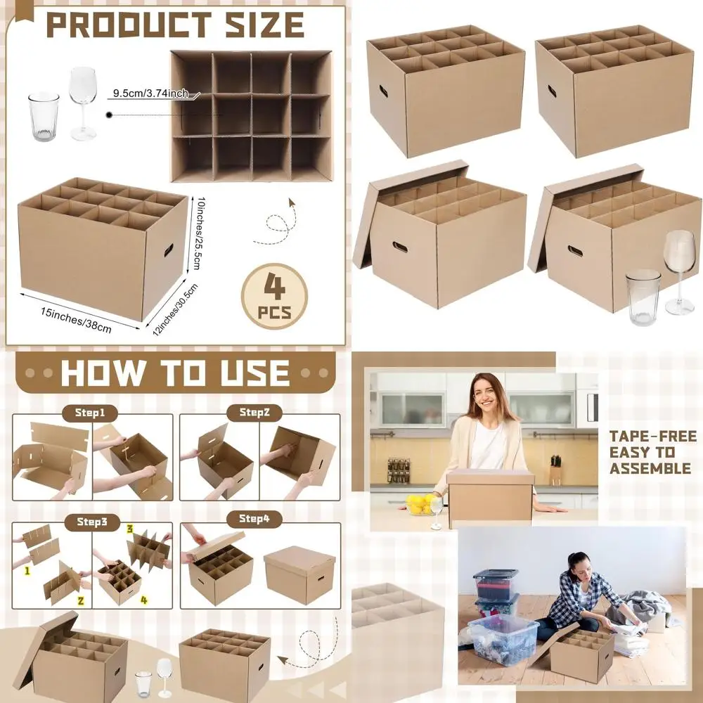 

Набор из 4 коробок для переезда с ручками для винных бокалов и посуды, коричневые, 15x12x10
