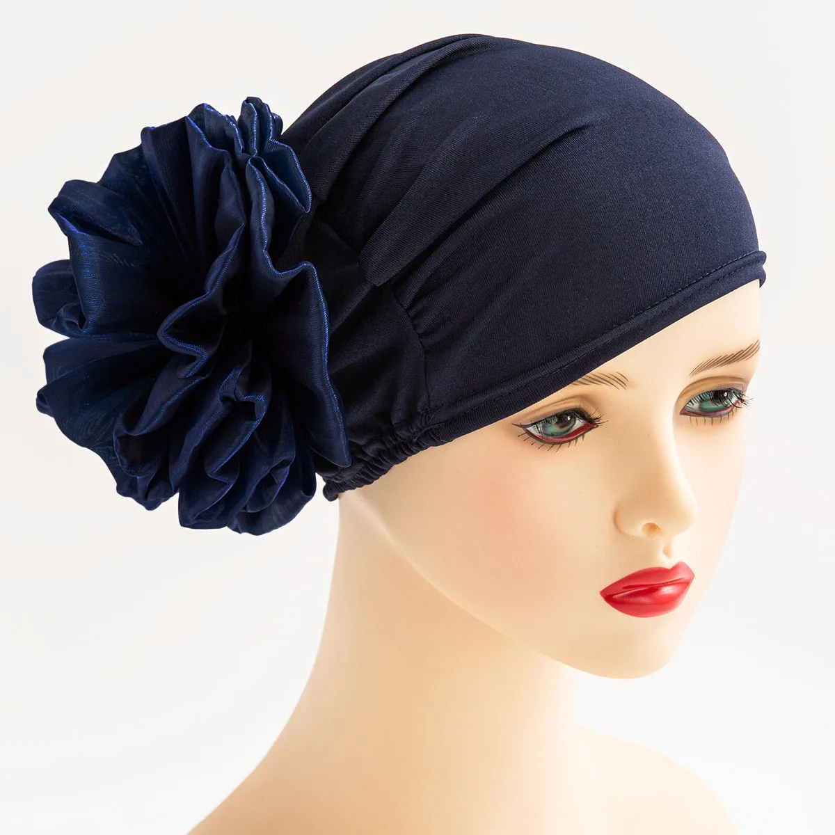 Women Fashion Big Flower Turban Elastic Cloth Hair Bands Hat Beanie Ladies Muslim Solid Hair Loss Scarf Cap Hair Accessories