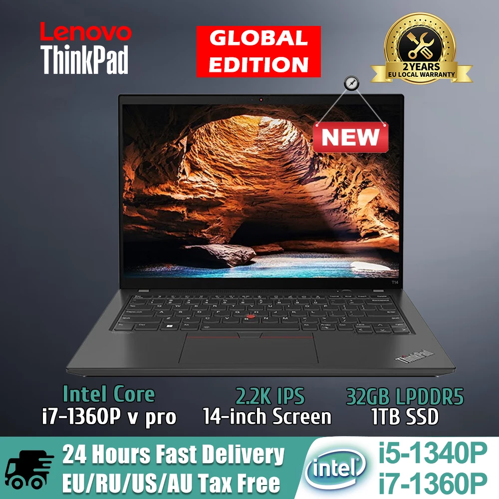 Lenovo Laptop ThinkPad T14 Core i5-1340P vPro/i7-1360P vPro HUD/Xe 16G/32GB RAM+512G/1T SSD 14.5-Inch Notebook Computer PC