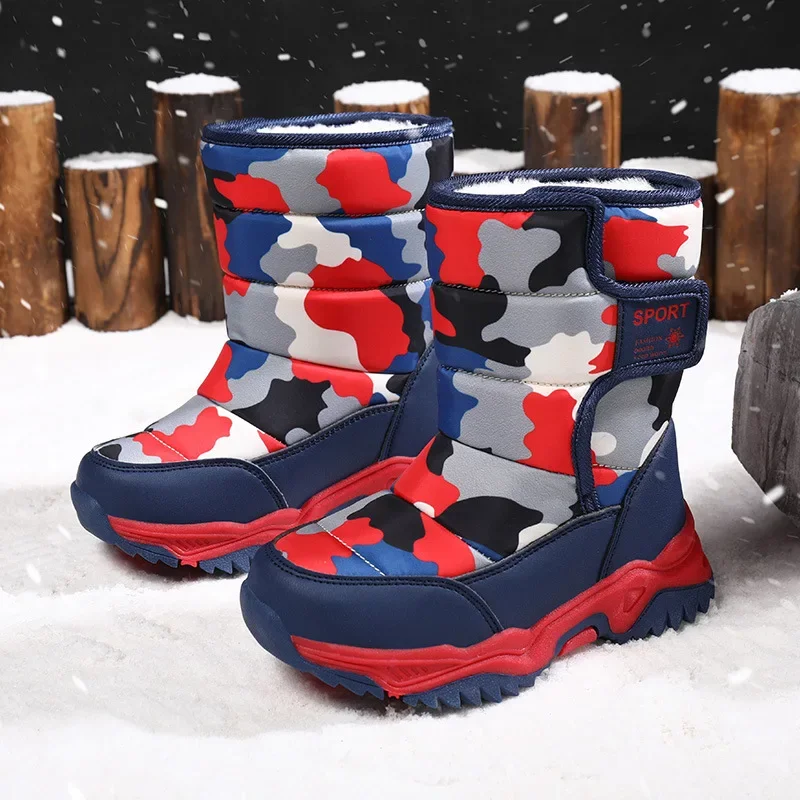 Kids Warm Boots Children Thick Bottom Winter Snow Boots Boys Girls Camouflage Padded Cotton Shoes High Top Velcro Comfort Boots