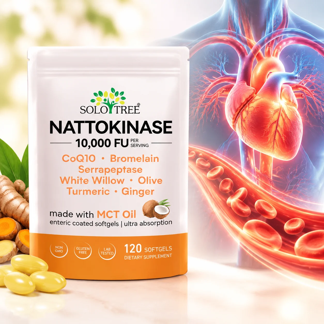 Nattokinase Softgels,Cardiovascular Wellness,Healthy Circulation,Digestive,10,000 FU,CoQ10,Bromelain,Serrapeptase,120 Softgels
