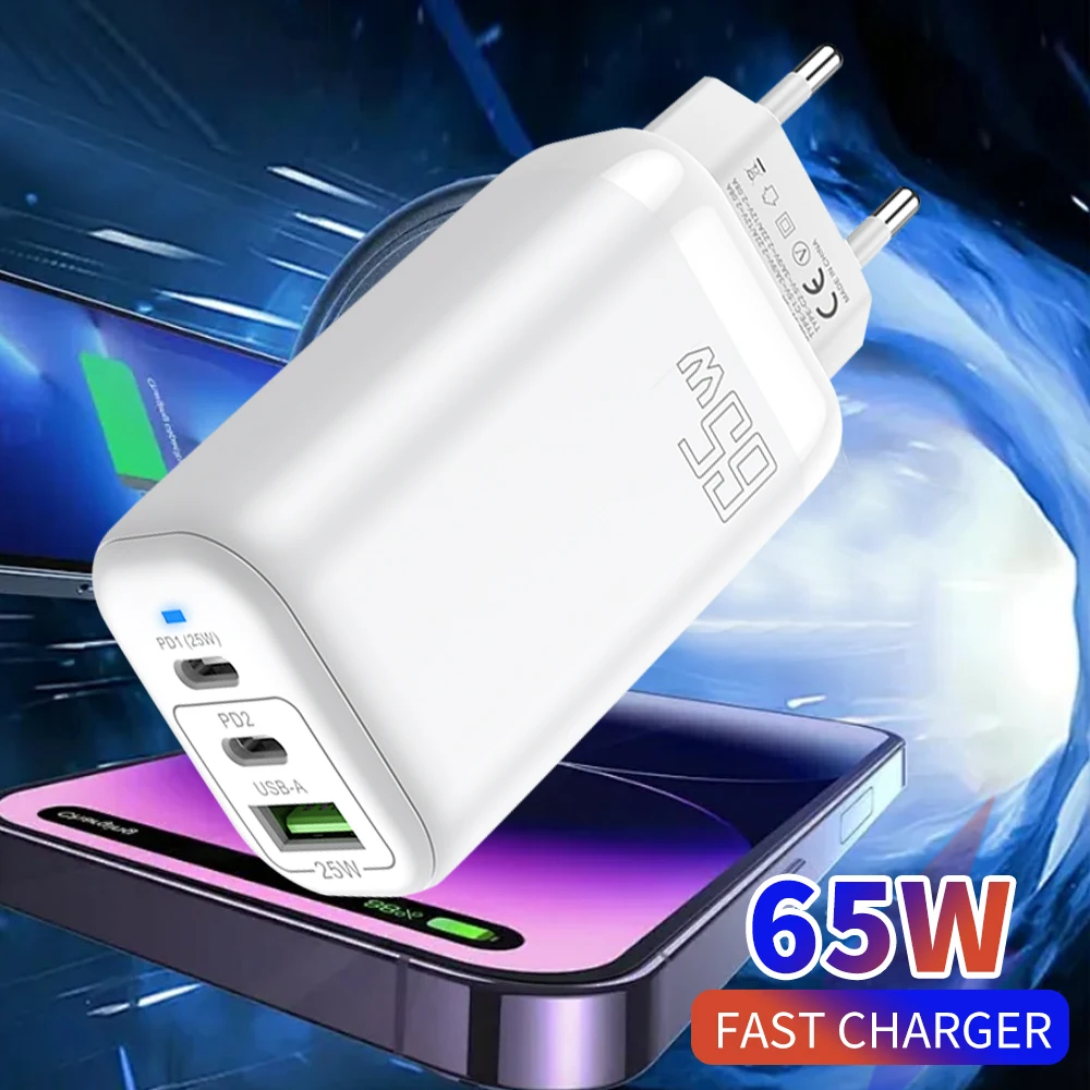 الاتحاد الأوروبي الولايات المتحدة المملكة المتحدة التوصيل 65 واط شاحن سريع PD 25 واط USB C شاحن 3 منافذ نوع C شحن سريع محول الهاتف آيفون سامسونج Xiaomi Oneplus