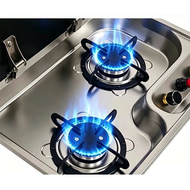 LPG Dual-burner Gas Stove, Electronic Pulse Ignition Gas Stove, Suitable for RVs, Campervans, and Ship Conversions.