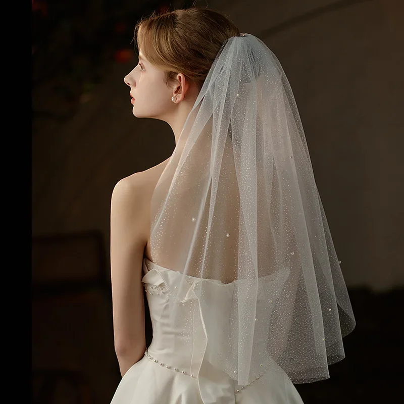 

New Flash Silver Bridal Veil European and American Pearl Short Single-layer White Wedding Headwear