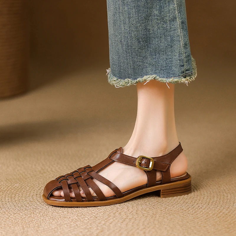 Handmade Genuine Leather Classic retro roman woman sandals 2.5cm low heels elegant Heeled Sandals sandalias de mujer