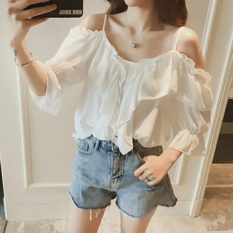 Chic Short Sleeve Chiffon Shirt Women Summer Sexy Off Shoulder Strap Fashion Korean Shirt Solid Y2k Top StreetWear