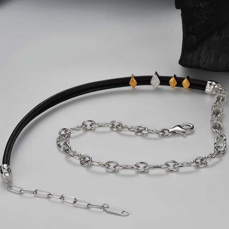 Leather Rope Necklace Two-Tone Arabesque, S925 Sterling Silver Short Collarbone Chain