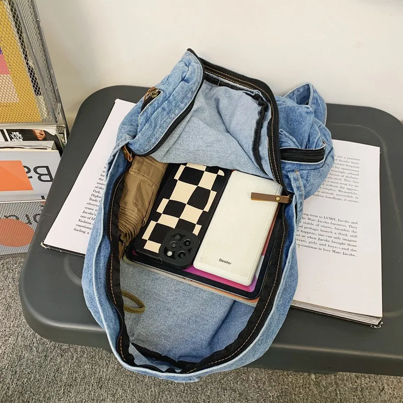 2025 New Denim Backpack Large Capacity Multi-Compartment Travel School Unisex Japanese Street Style Lightweight Nylon Women Bag