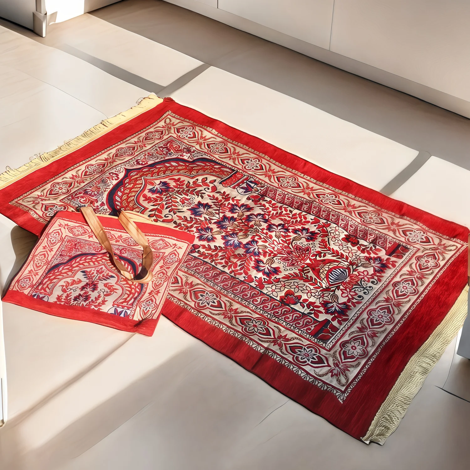 Islamic Chenille Allover Floral Pattern Prayer Rug with Storage Pouch