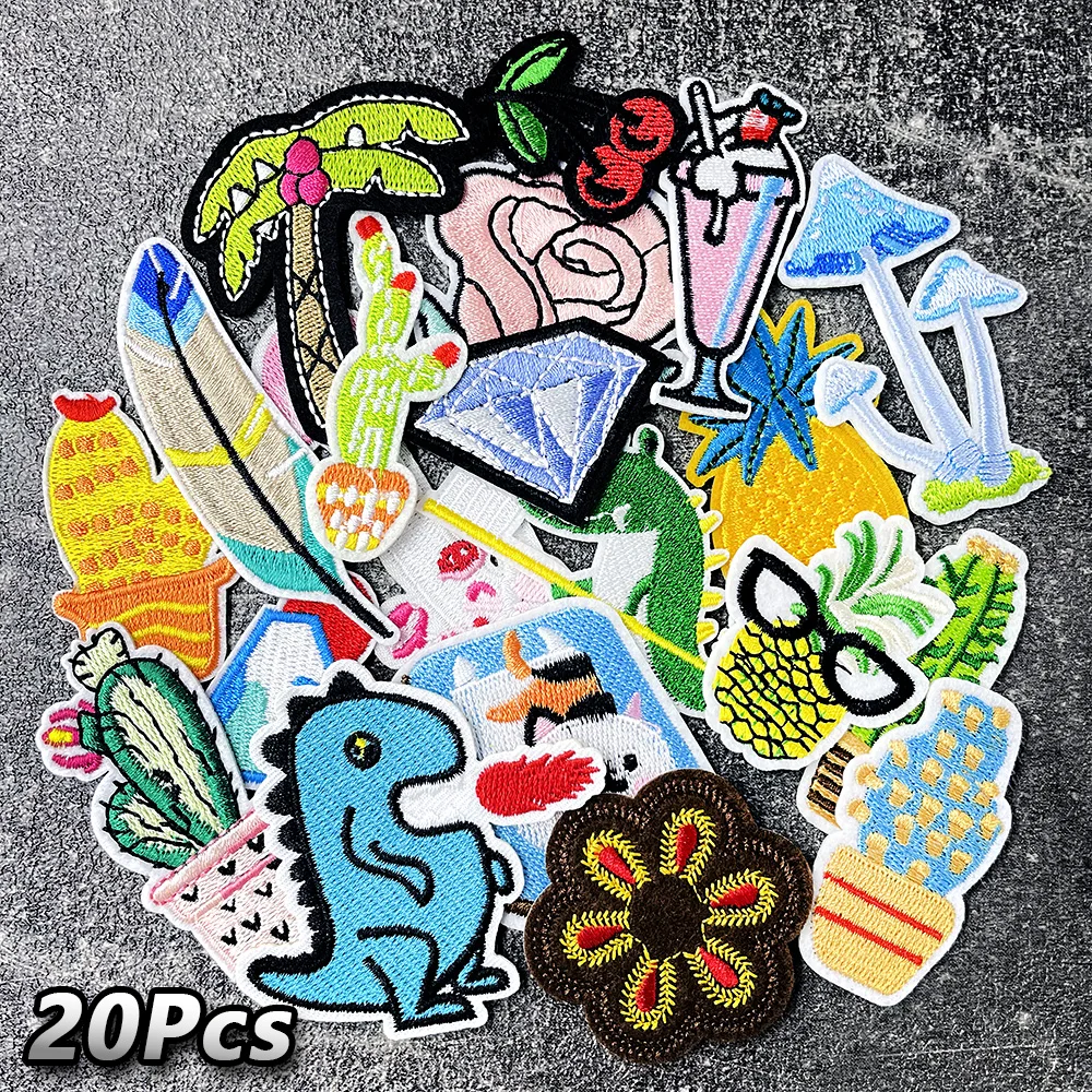 20pcs/Lot Iron on Patches Embroidery Applique Ironing Supplies Decorative Patch for Clothing Repair Decorate Mushroom Cactus