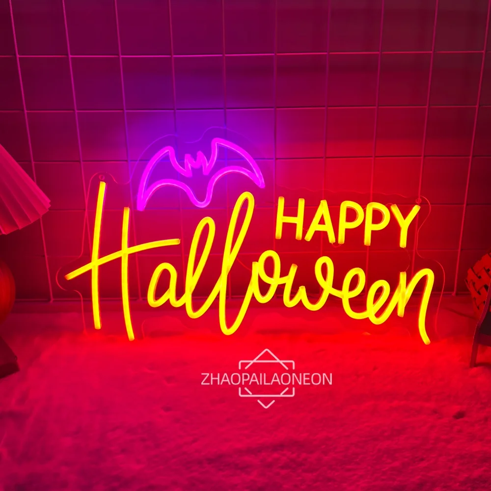 Happy Halloween Bat Neon Sign Gift For Boy Girls Room Decoration Holiday Bedroom Party Halloween Decor Wall Led Sign Letters