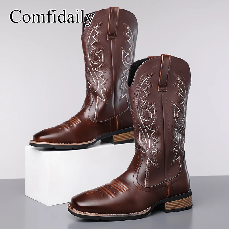 عالية الجودة الأوروبية الأمريكية الرجعية الخريف الشتاء أحذية رعاة البقر الغربية الخامس الرقبة التطريز كعب سميك أحذية فارس المألوف #4