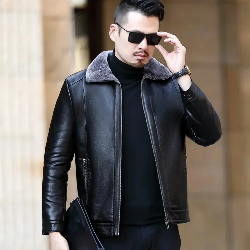 New Men's Thickened Leather Jacket Autumn And Winter Warm Fur One Coat Business Casual Lapel Zipper Top