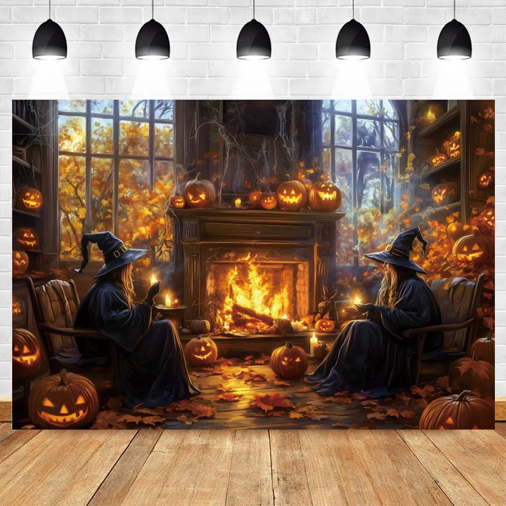 Halloween Witch Backdrop Horror Night Flower House Church Burning Candles Divination Pumpkin Light Party Photography Background