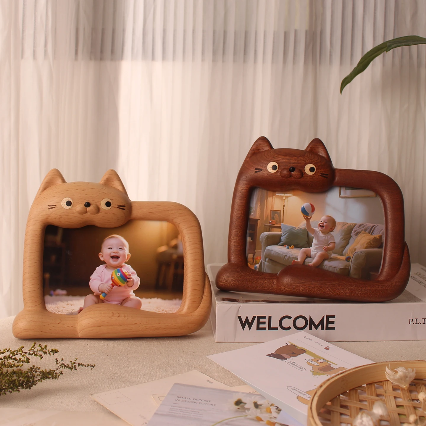 Solid Wood Cat Photo Frame, Creative Circle Cat Picture Frame, Desktop Tabletop Memorial Decor Gift