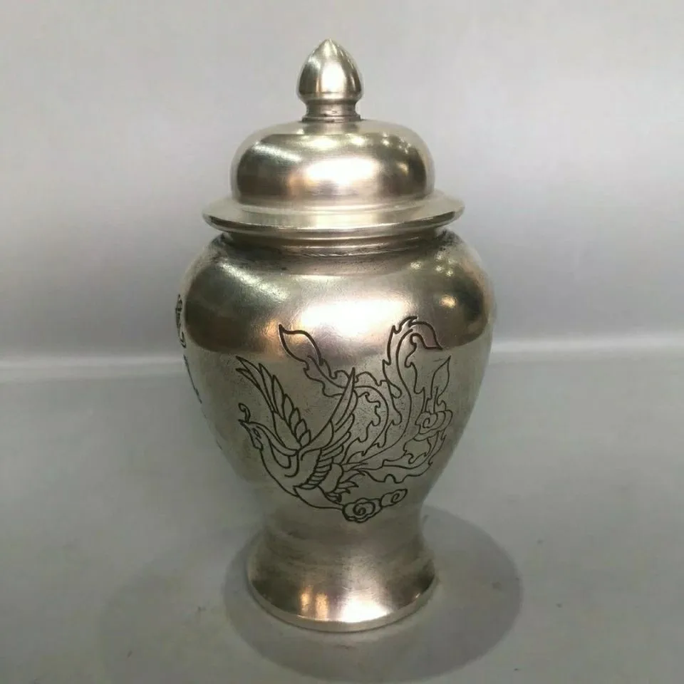 

White bronze, silver, unicorn, dragon and phoenix, auspicious general jar, household crafts, household items.