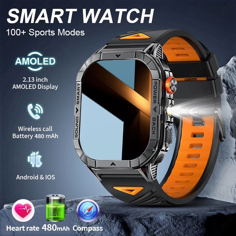 

LIGE Smart Watch 480mAh Battery Men Outdoor Compass Sports Fitness Tracker Bluetooth Call 2.13" AMOLED HD Display Smartwatch New