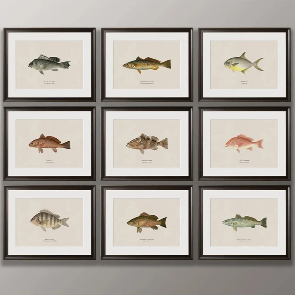 Vintage Freshwater Saltwater Fish Study Poster Retro Fish Art Canvas Painting Wall Picture for Living Room Hunt Club Decorati