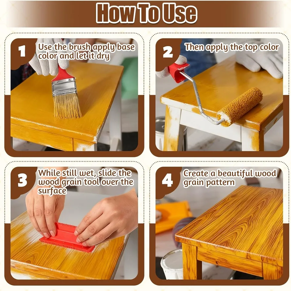 Conjunto de ferramentas de grão de madeira, 11 peças, ferramenta de pintura de textura de madeira, fabricante de grão de madeira natural, para móveis de piso de parede, decoração de quarto diy