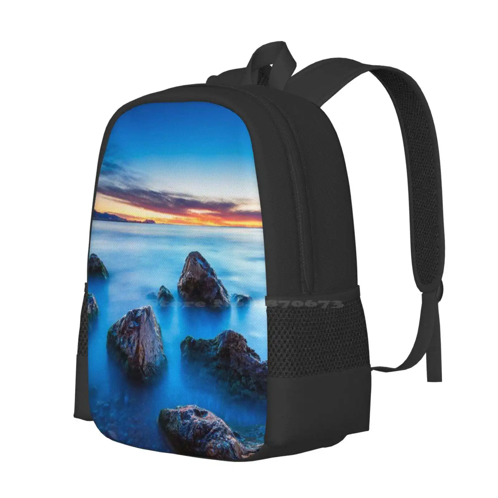 Wet Rocks At Dawn Long Exposure Pattern Design Bag Student's Backpack Close Up Of Rocks El Campello Dawn El Campello Spain Long