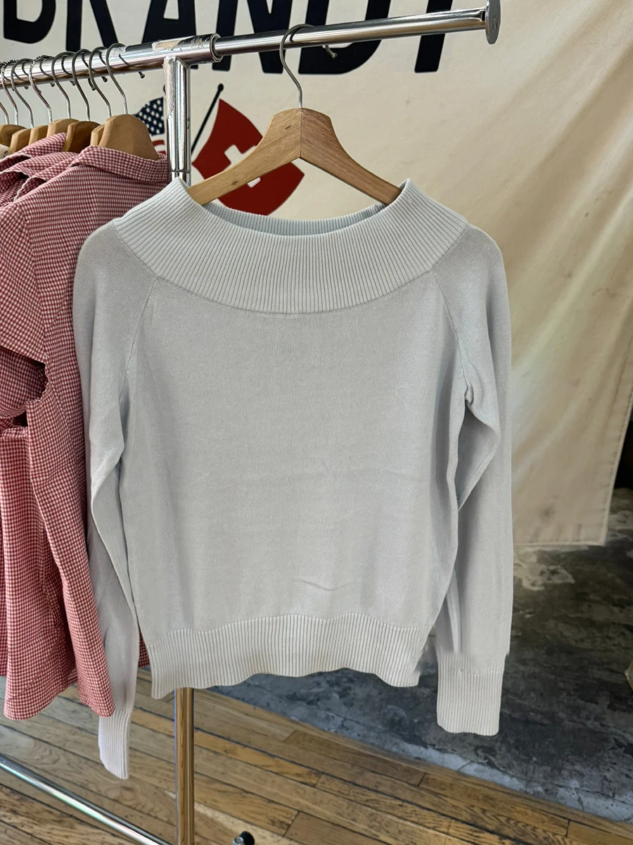 

Off Shoulder Light Blue Sweater Women New Ribbed Slash Neck Long Sleeve Pullover Tops Preppy Style Casual Simple Knitted Jumper