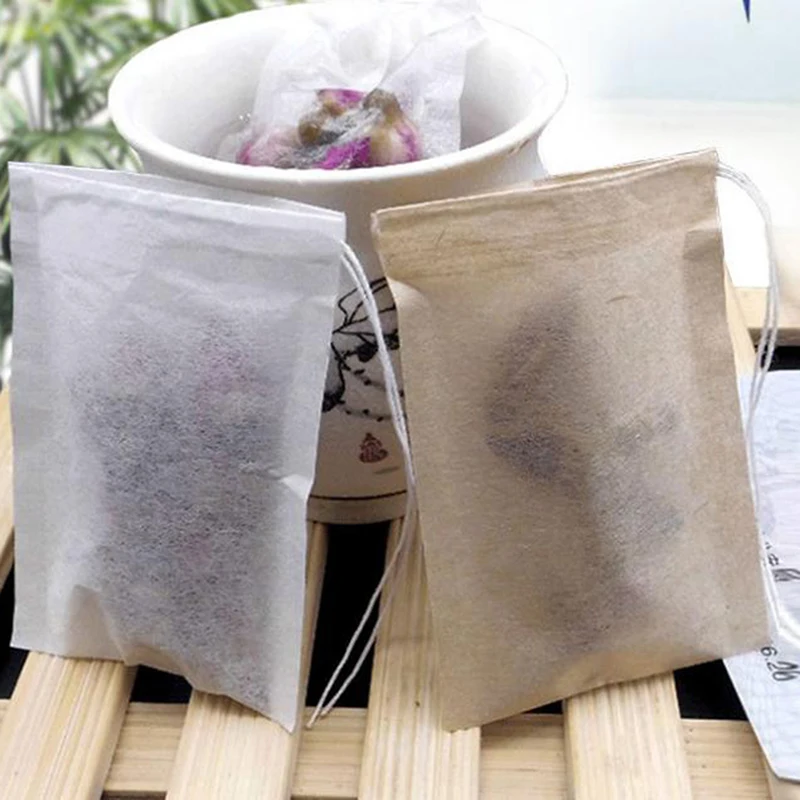 Bolsas de papel de filtro para té de hierbas, bolsitas vacías con cordón, lote de 100 unidades