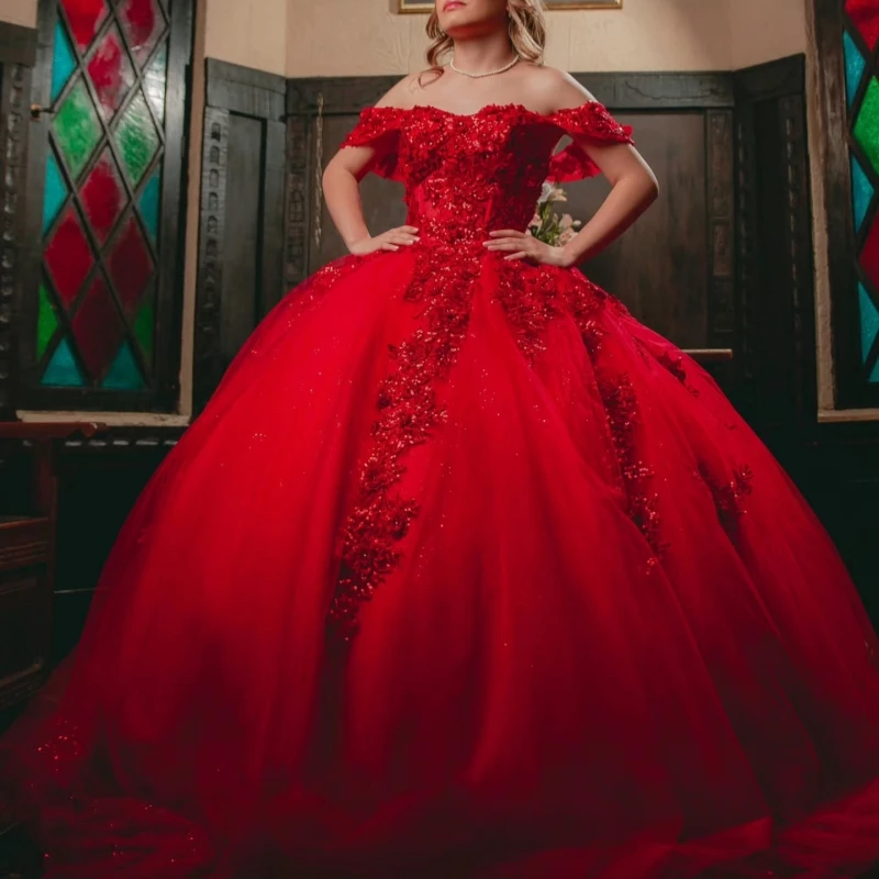 

Red Shiny Ball Gown Quinceanera Dresses Applique Lace Beading Tull Corset Off Shoulder Sweet 16 Dress Vestidos 15 De Anos
