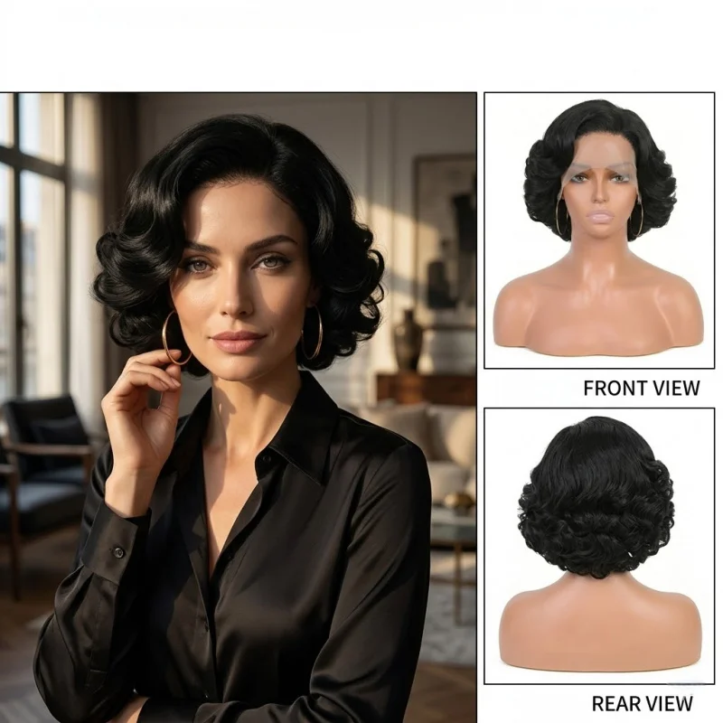 

Black Short Curly Synthetic Full Wig Lady Miranda Lace Part Design Loose Wave Heat Resistant Daily Wear Wig