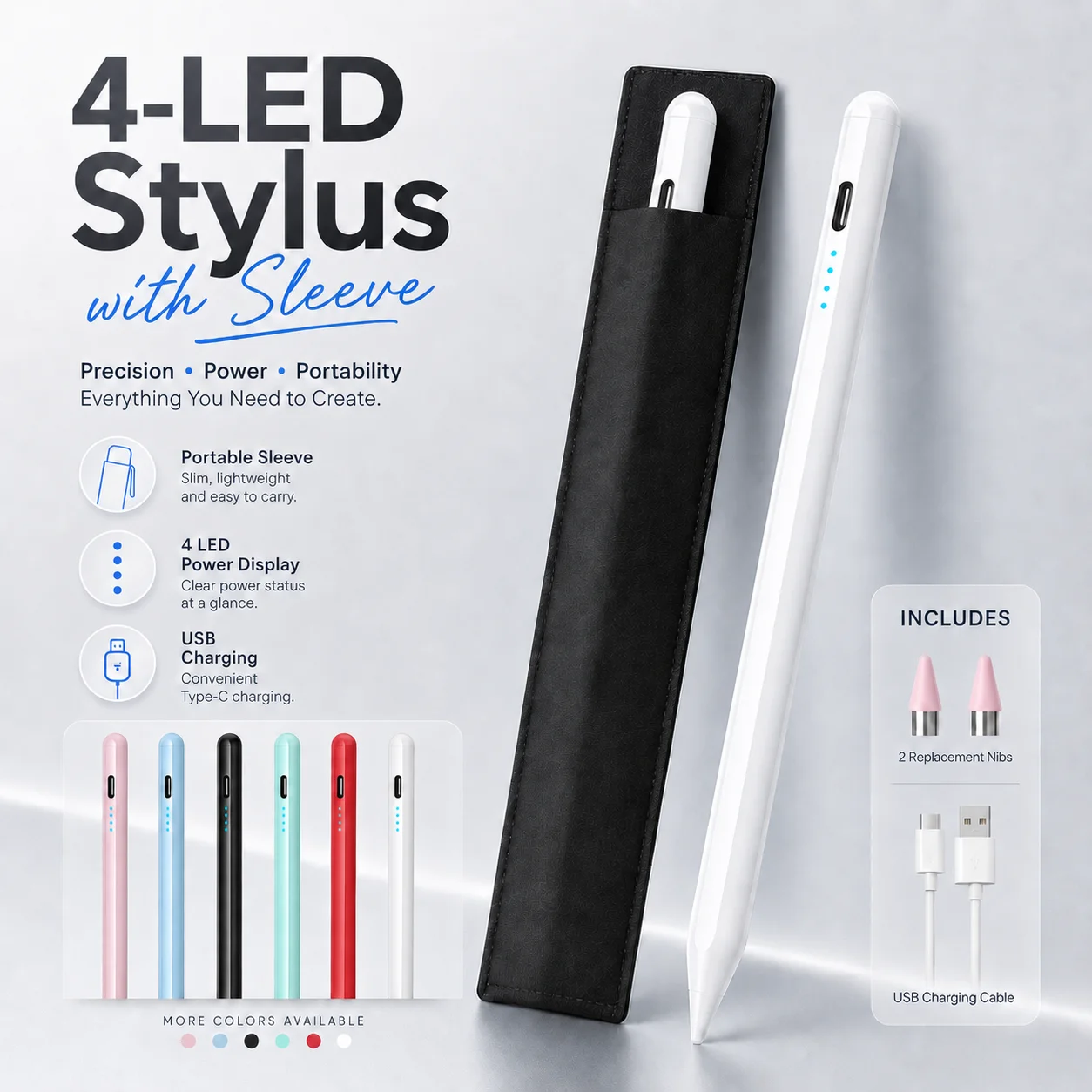 Stylus for Apple & Android Devices, Long Battery Life Touch Pen with 2 Spare Nibs for Phone Tablet