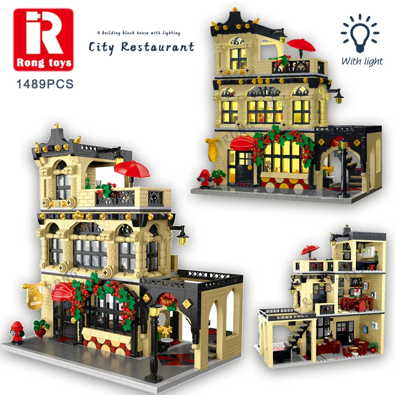 City Street View Building Blocks Garden Hotel Restaurant Store CAFE Shop Europe Retro Architecture House Bricks Toy Gift For Kid