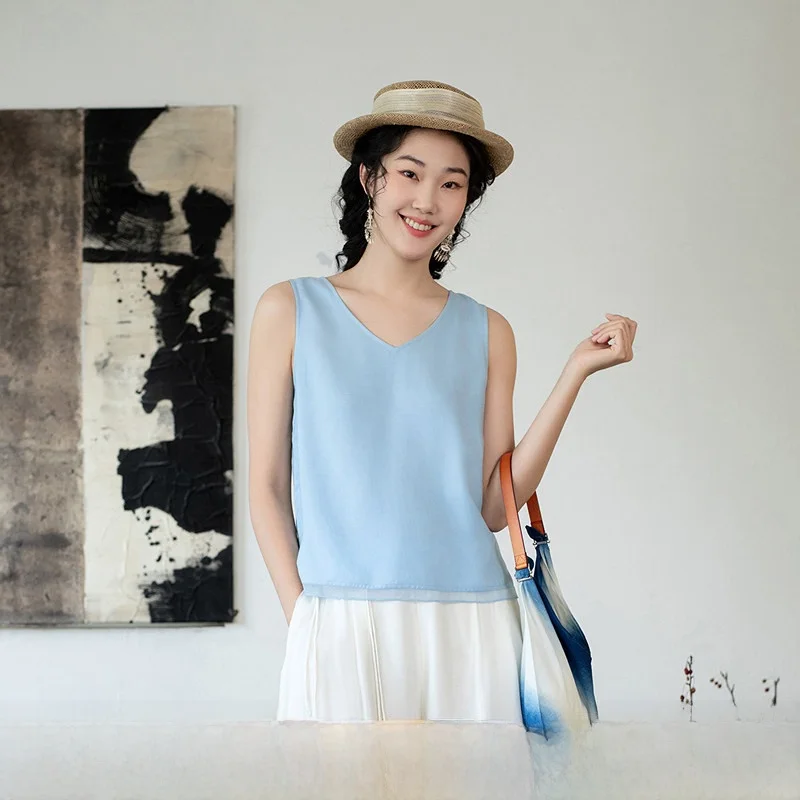 

Silk Bamboo Fiber Skin-friendly Svel Vest Women's Inner Wear Versatile Tie Dye Mixed Fabric Regular Length Pure Color