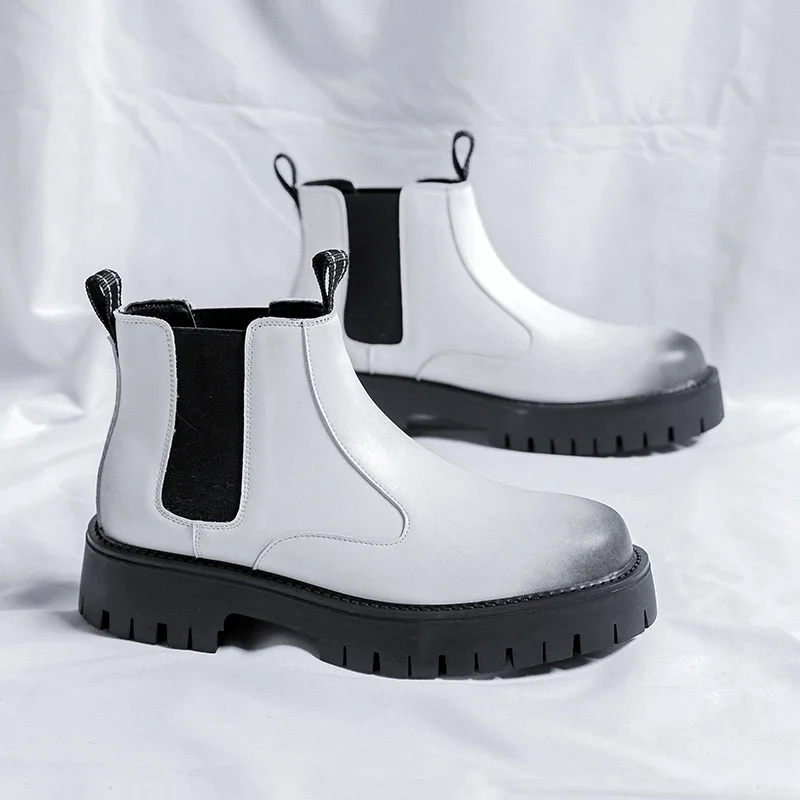 

men fashion chelsea boots genuine leather shoes business office dress black white cowboy ankle boot trendy platform botas hombre