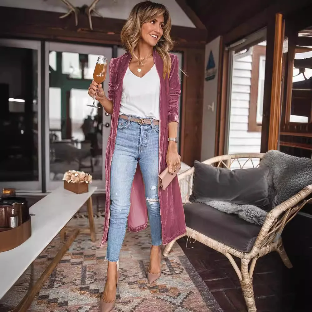 كارديجيل نسائي من الفانيلا يسمح بالتهوية ، معطف بطول منتصف الساق ، غرزة ناعمة مفتوحة ، جاكيت طويل ، ملابس أحادية اللون