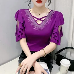 New 2024 Summer Women's T-Shirt Fashion Casual V-Neck Hot Diamond 1/2 Sleeved Hollow Out Mesh Tops Blusas