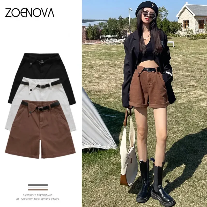 

ZOENOVA 2023 New Chic Summer Stretch Korean Version Five Point Button Fly Shorts Jeans Casual Pants Women's Belt Y2K Loose Denim