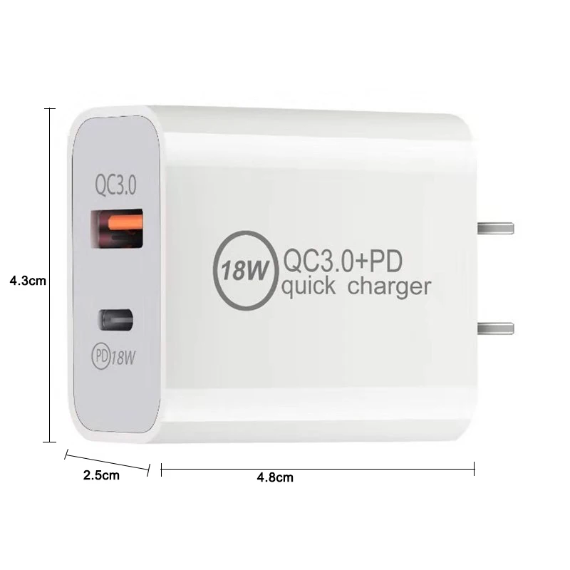 18W PD USB-C Fast Charger, QC3.0 Multiple-Port US Plug Power Brick Type C, Mobile Electronic Phone Wall Adapter for iPhone with Packaging Box