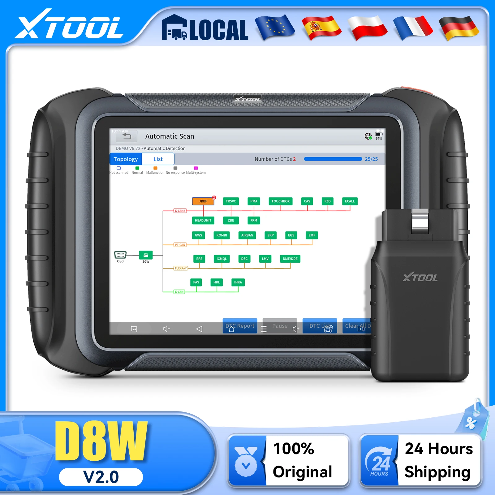 XTOOL D8W V2.0 WiFi Scanner OBD2 Diagnostic Automobile Tous Systèmes, Outil de Codage ECU, Programmation de Clé Bidirectionnelle, Carte Topologique, 42 Réinitialisations, CAN FD DOIP FCA